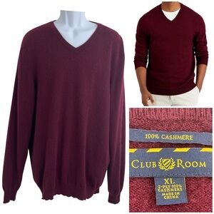 Club Room Men's Red 2 Ply 100% Cashmere V Neck Sweater Pullover Size XL
